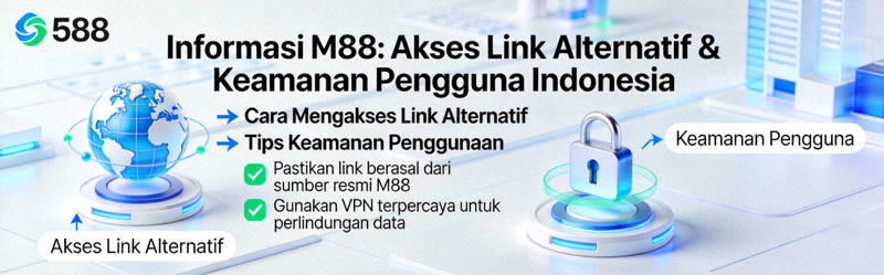 Animasi informasi M88 tentang akses link alternatif dan keamanan bagi pengguna Indonesia