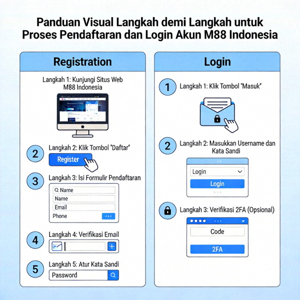 Panduan visual langkah demi langkah untuk proses pendaftaran dan login akun M88 Indonesia